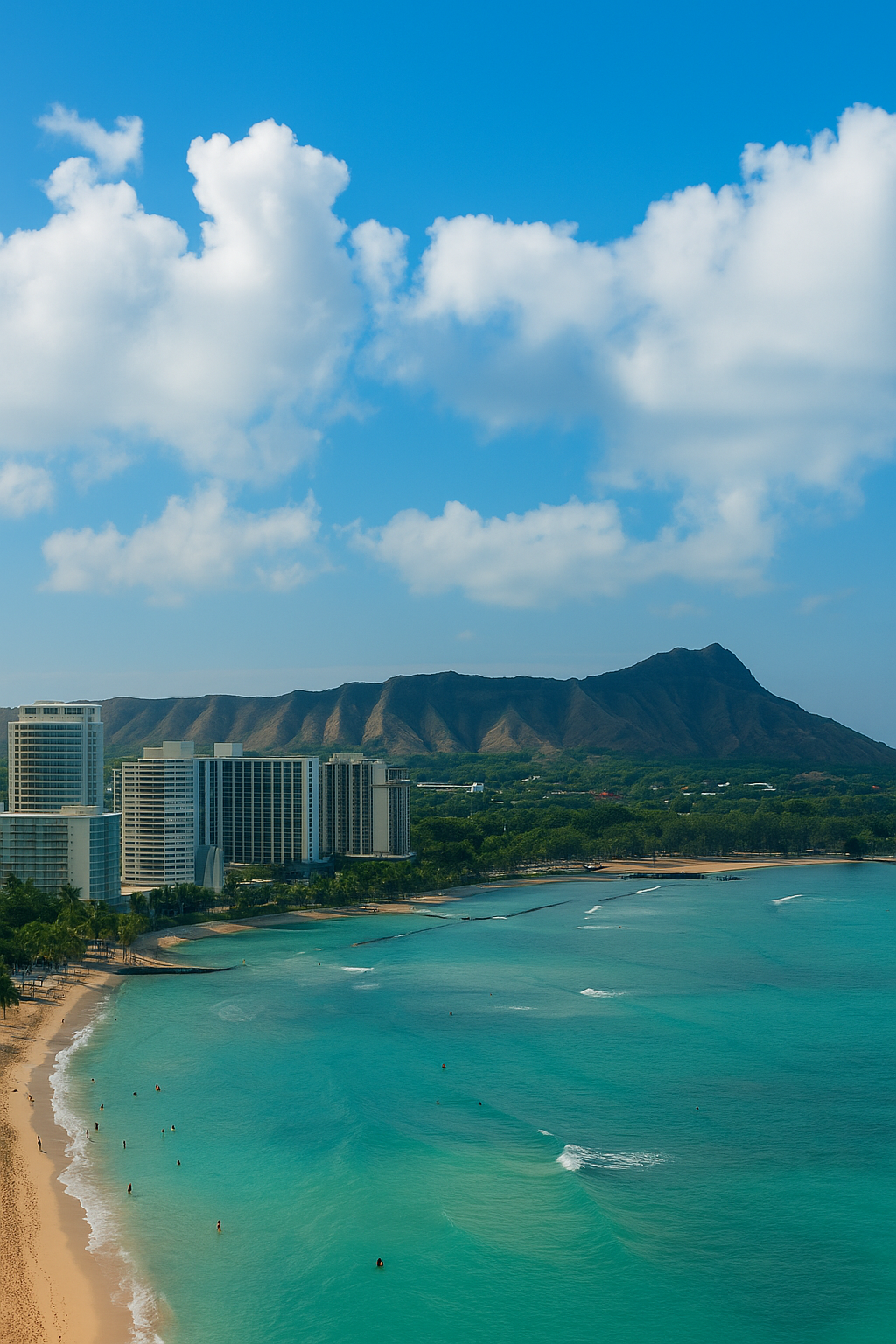 Aerial view of turquoise ocean waves washing onto a sandy beach with swimmers, high-rise buildings, and a mountain under a blue sky with scattered clouds.