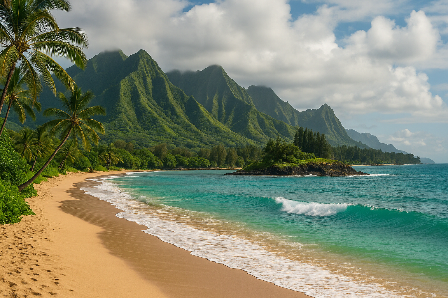 Sandy beach with turquoise waves, lush palm trees, and green mountains partially covered by clouds in the background.