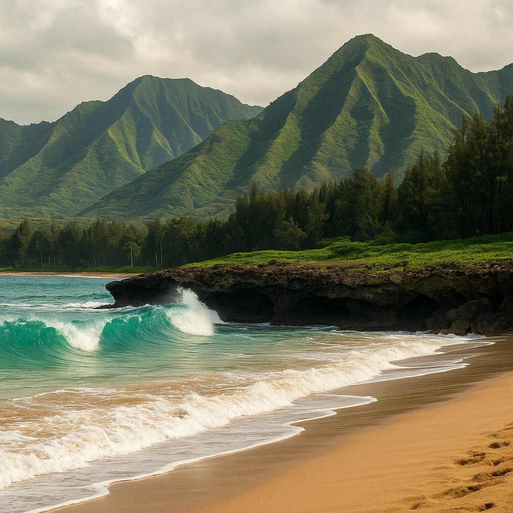 Sandy beach with turquoise waves crashing near rocky outcrop, backed by dense forest and green mountainous landscape under a cloudy sky.