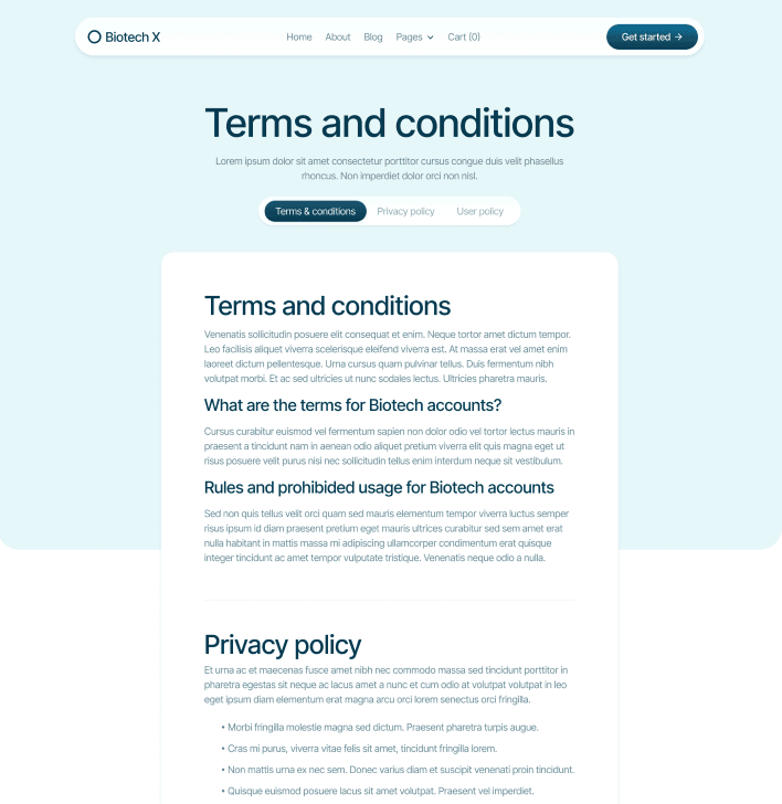 Biotech X - Terms And Conditions Utility Page - Health Tech Webflow Template
