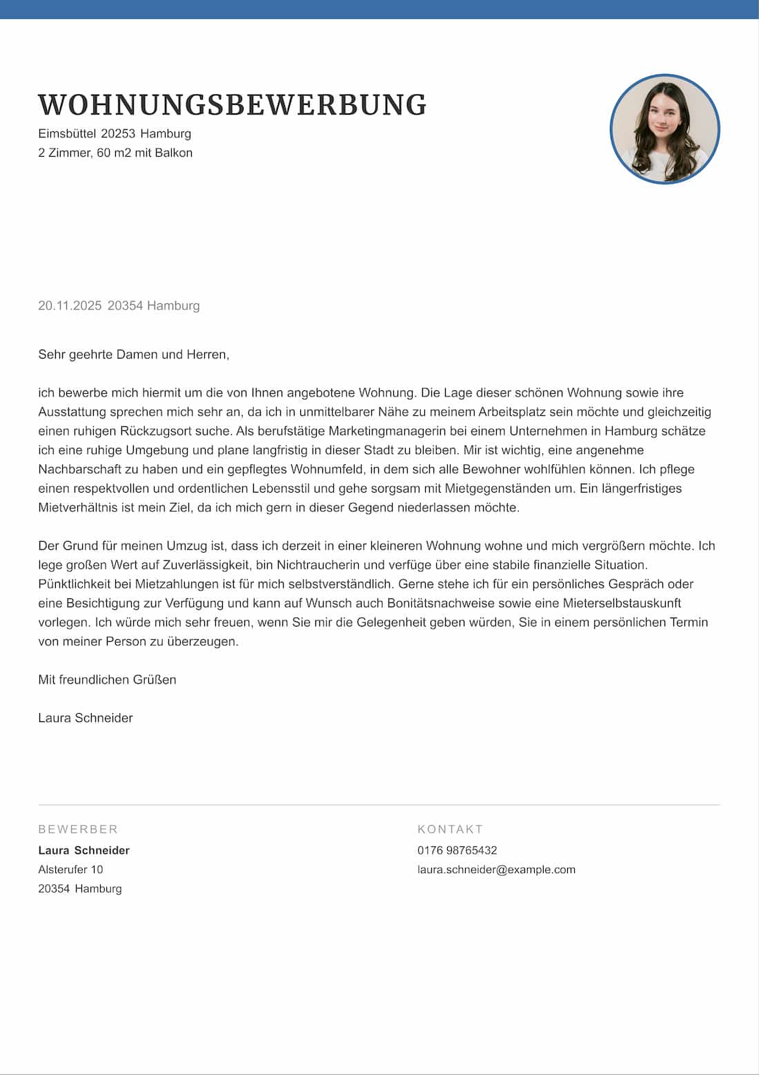 Wohnungsbewerbung Vorlage mit blauem Kopfbereich und professionellem Anschreiben im modernen Stil