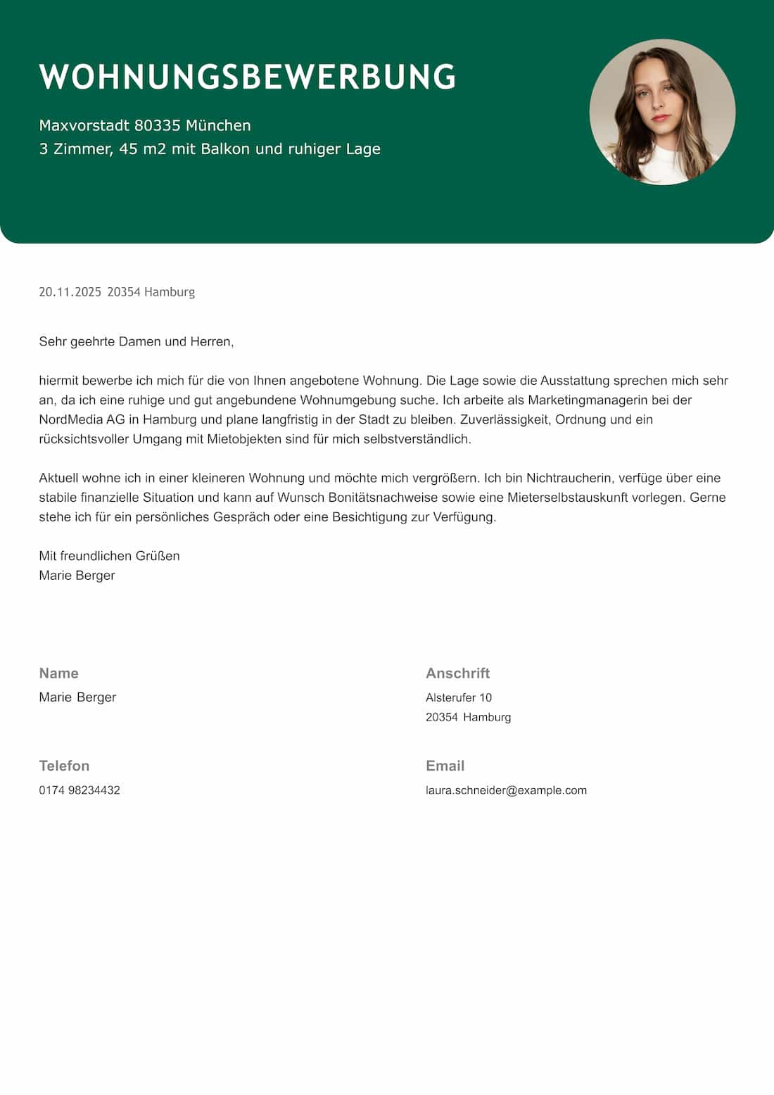 Moderne Wohnungsbewerbung Vorlage im grünen Design mit Bewerbungsfoto und strukturiertem Anschreiben