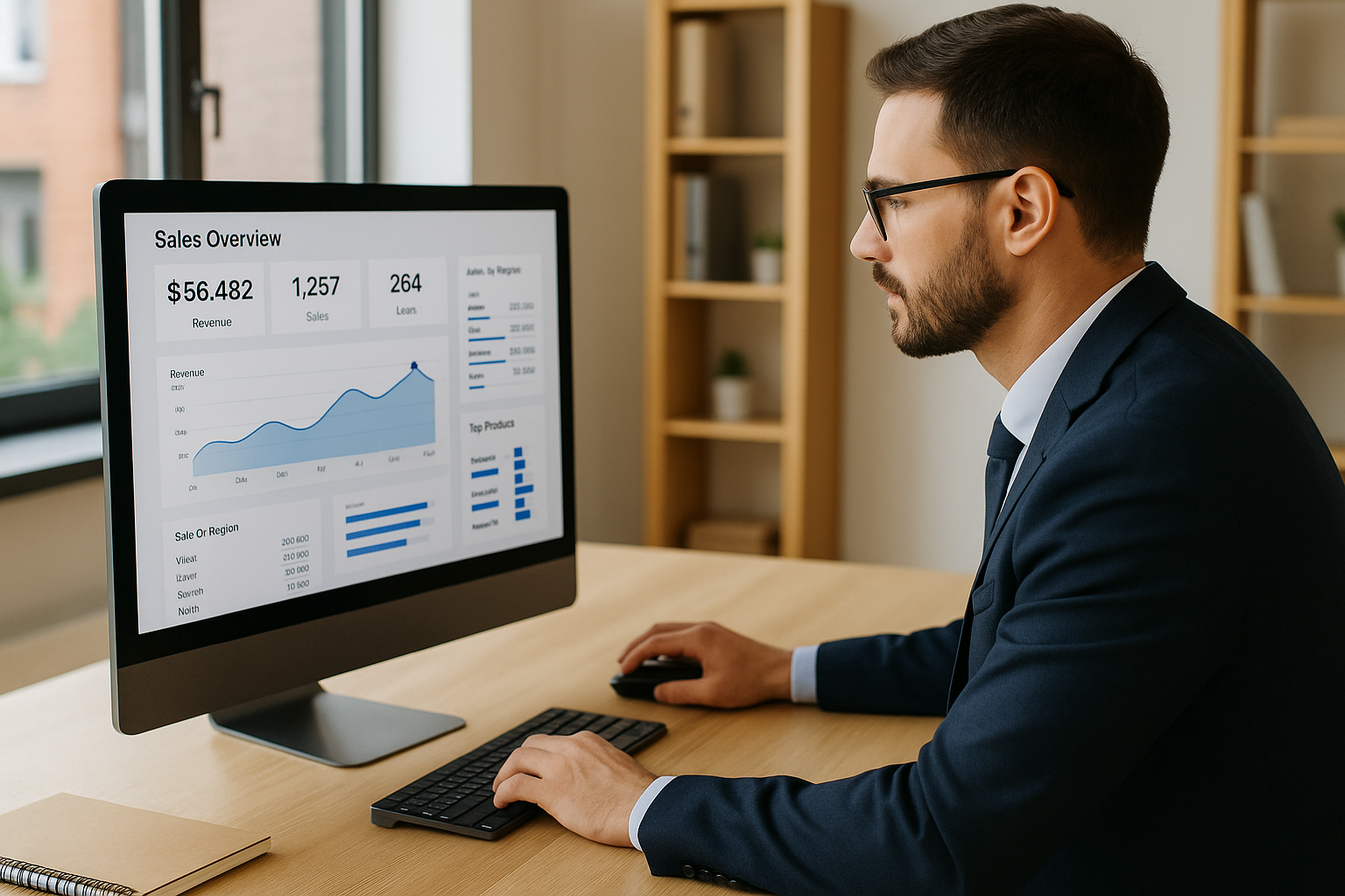 A professional sales representative in a navy suit reviews performance charts on a computer screen in a modern office, analyzing revenue and sales metrics to track business growth.