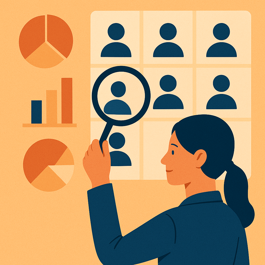 A flat-style illustration of a marketing professional analyzing lead data, holding a magnifying glass over icons representing segmented leads, with charts and graphs symbolizing prioritization and analytics.