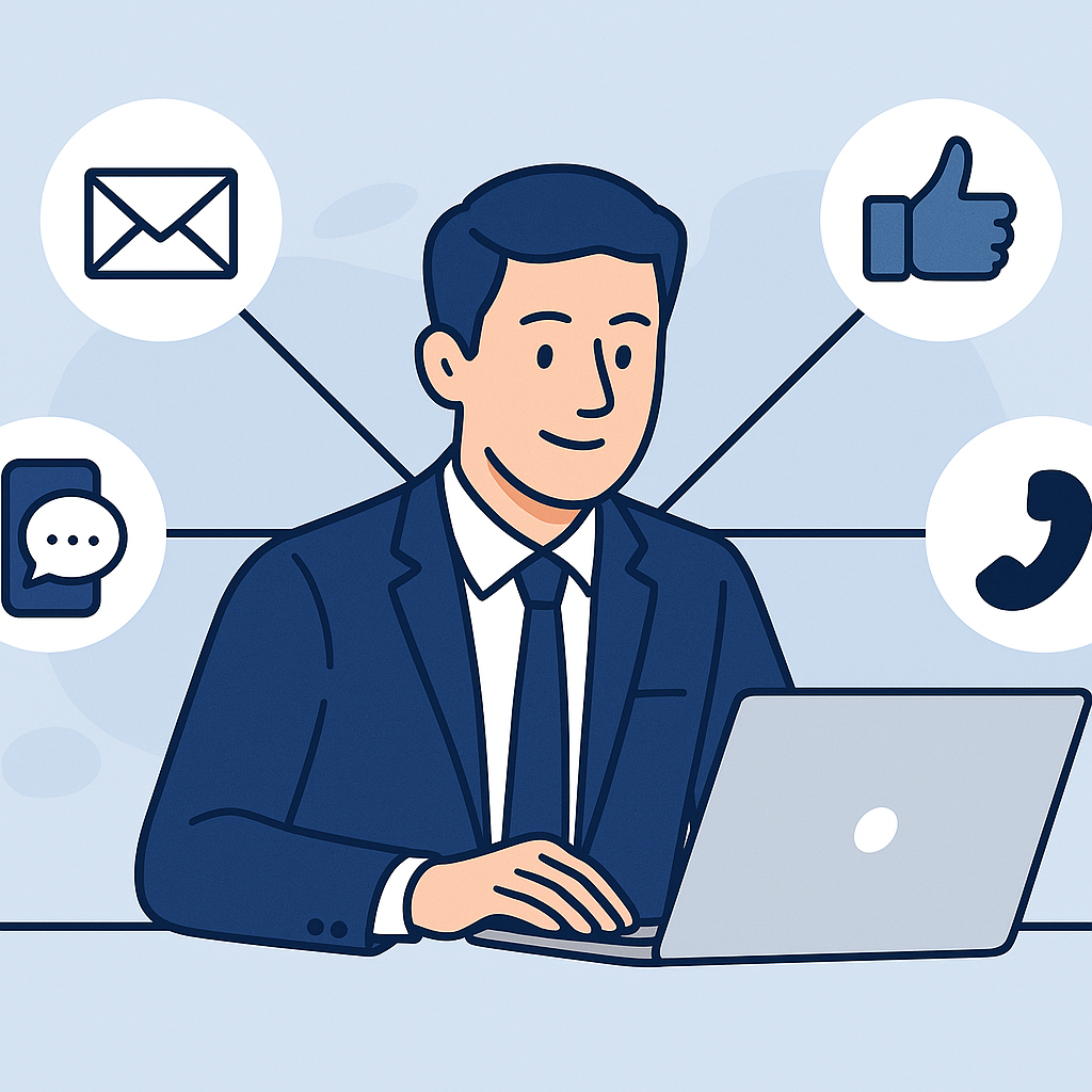 A flat-style illustration of a professional using a laptop surrounded by icons for email, social media, SMS, and phone calls, symbolizing connected omnichannel outreach in a modern business environment.