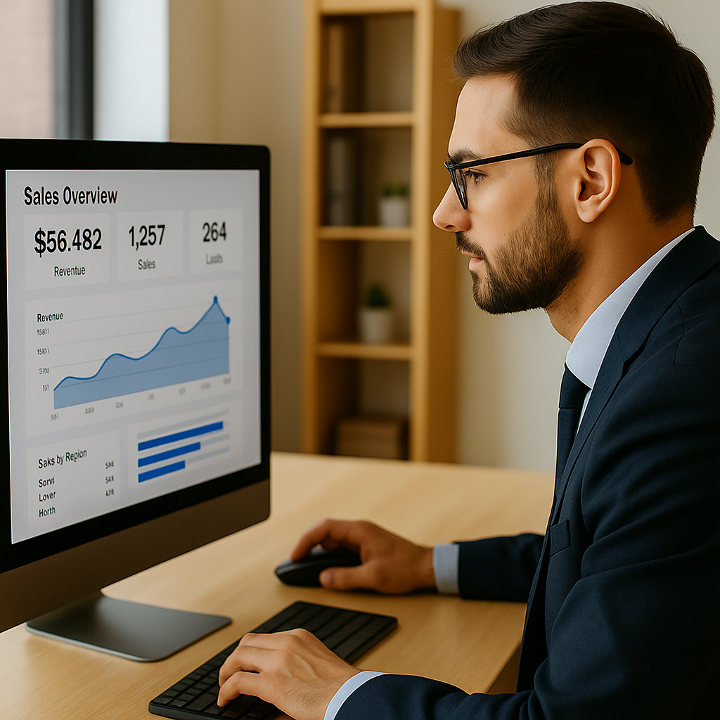 A professional man in a navy suit analyzes sales data on a computer screen in a bright office, focusing on graphs and revenue metrics displayed on the monitor.