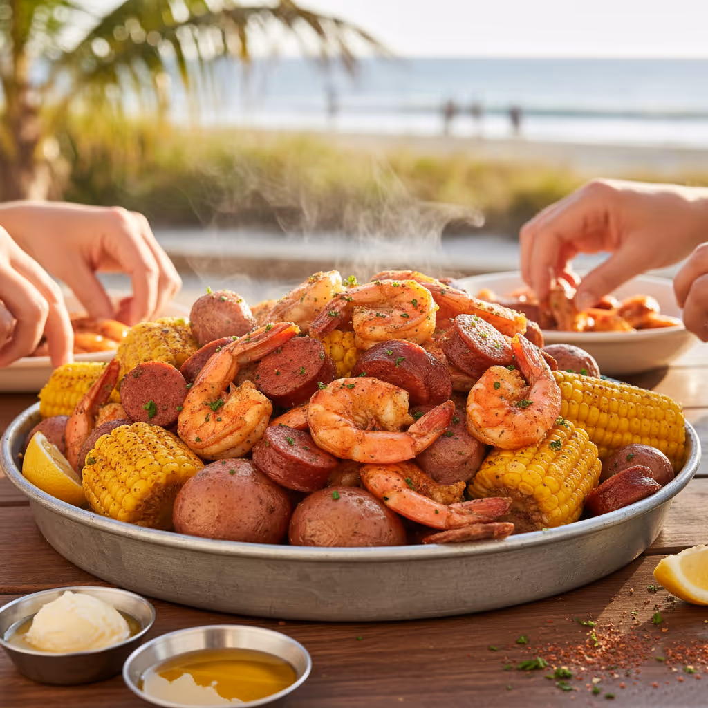 A large silver bowl filled with shrimp, corn, and sausage.