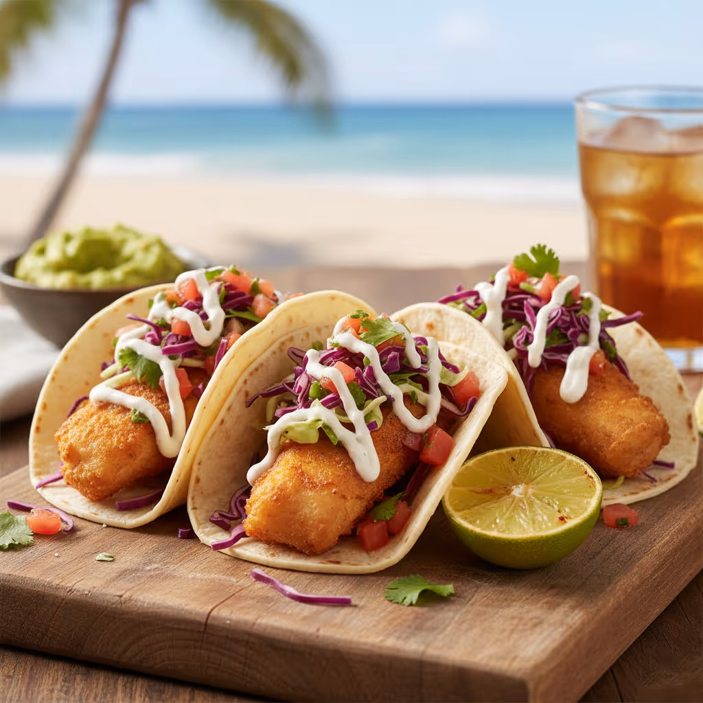 A wooden tray with fish tacos and a drink.