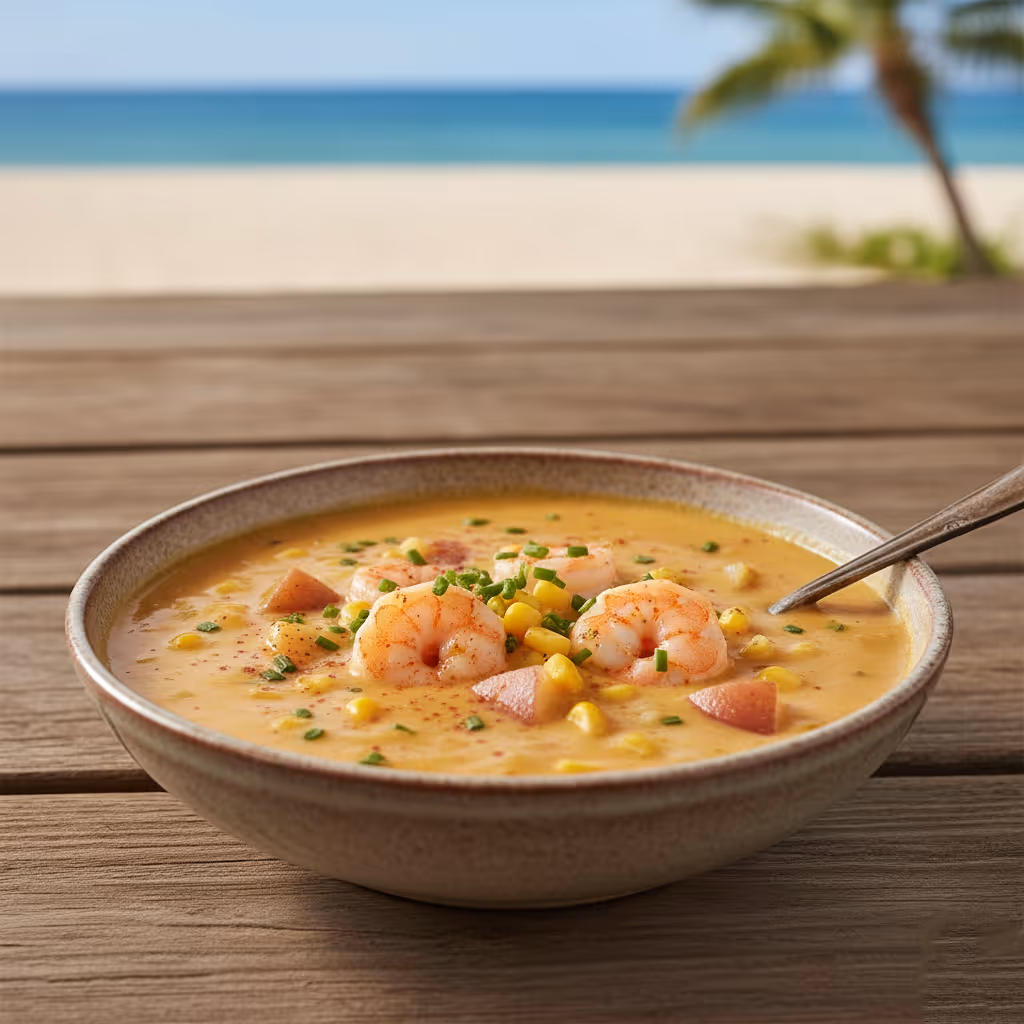 A bowl of soup with shrimp and corn on a wooden table.