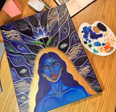 Painting of a blue-toned woman with closed eyes surrounded by eye shapes and a glowing lotus flower above her forehead.