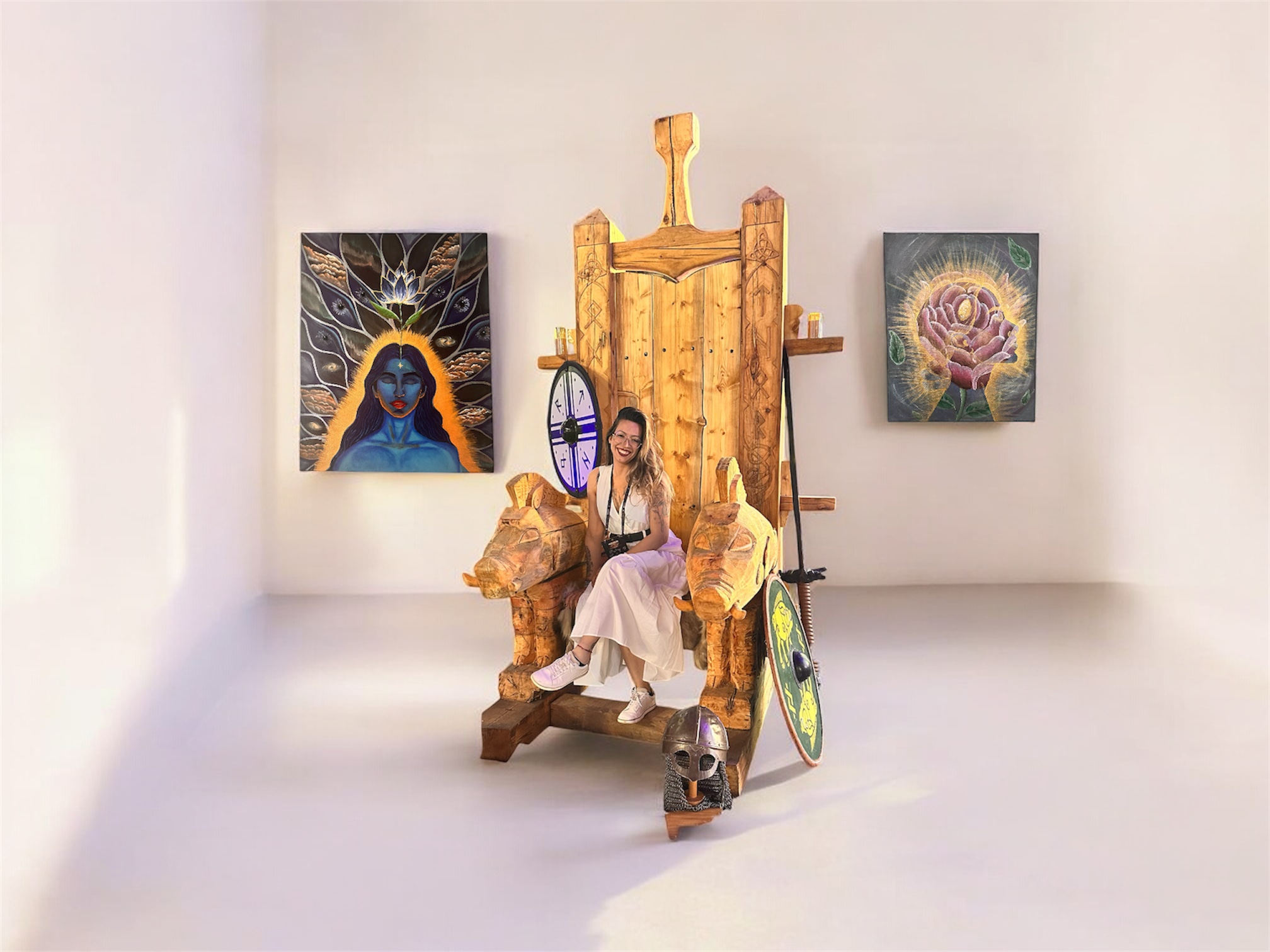 A woman in a white dress sitting on a large wooden throne with animal-shaped armrests, surrounded by medieval helmets and shields in a minimalist gallery.