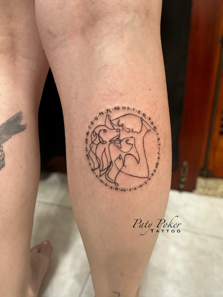 Minimalist one-line tattoo of a person holding and facing a dog on the back of a leg.