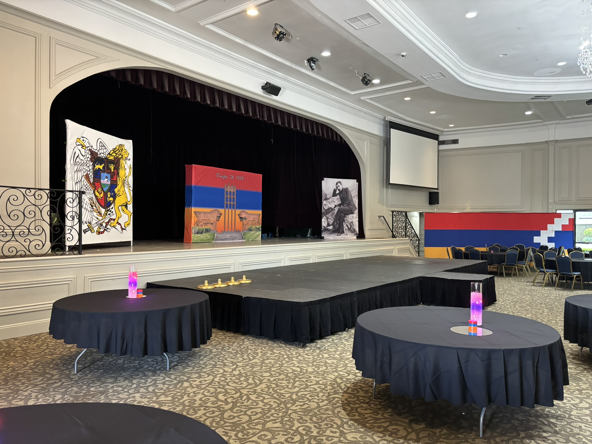 28 x 12 x 2 Steel Deck Stage with skirt, stairs, and safety rail in Orange county.