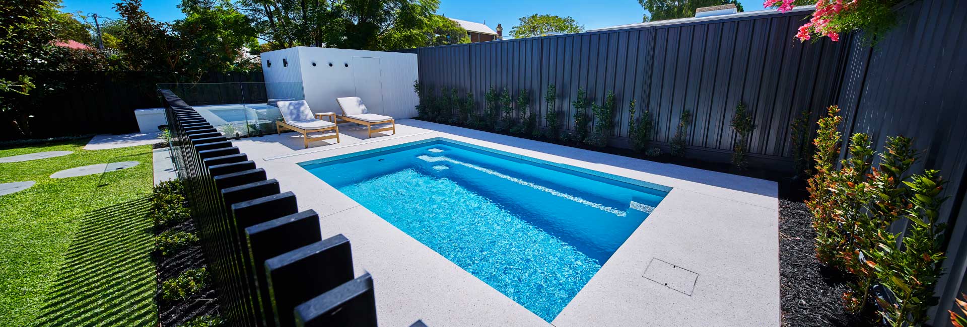 Stradbroke 5m fibreglass pool in Silver Pearl installation, wide view, view 2