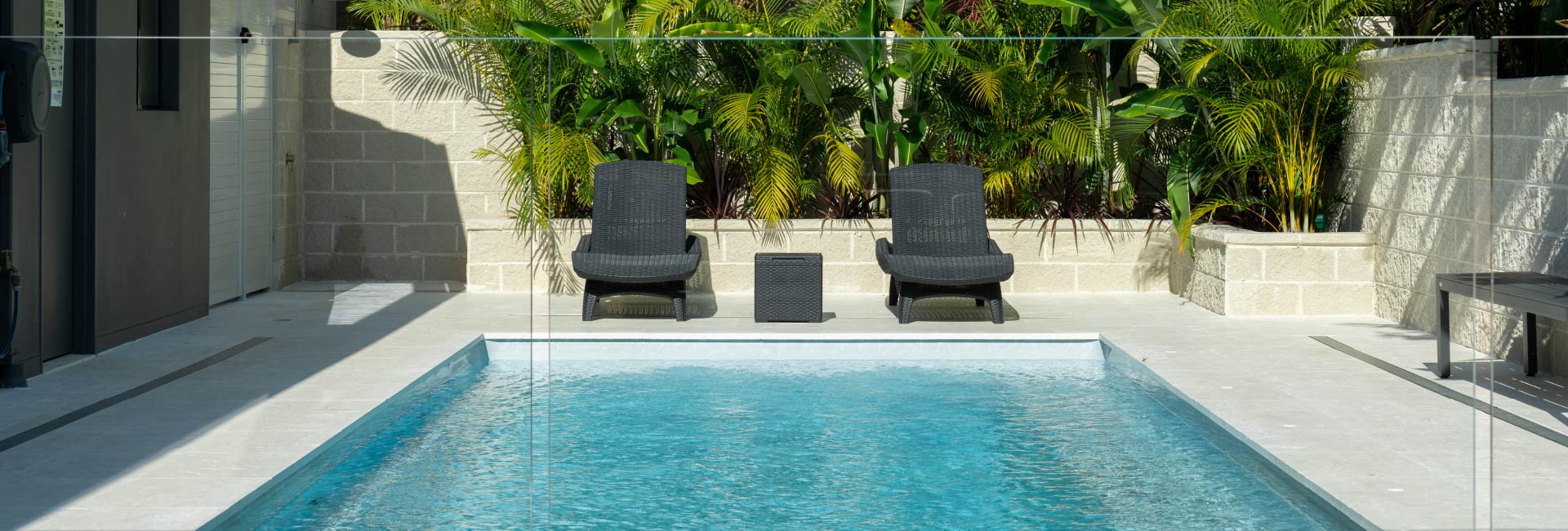Hampton 7m fibreglass pool in Silver Pearl installation, wide view, view 1