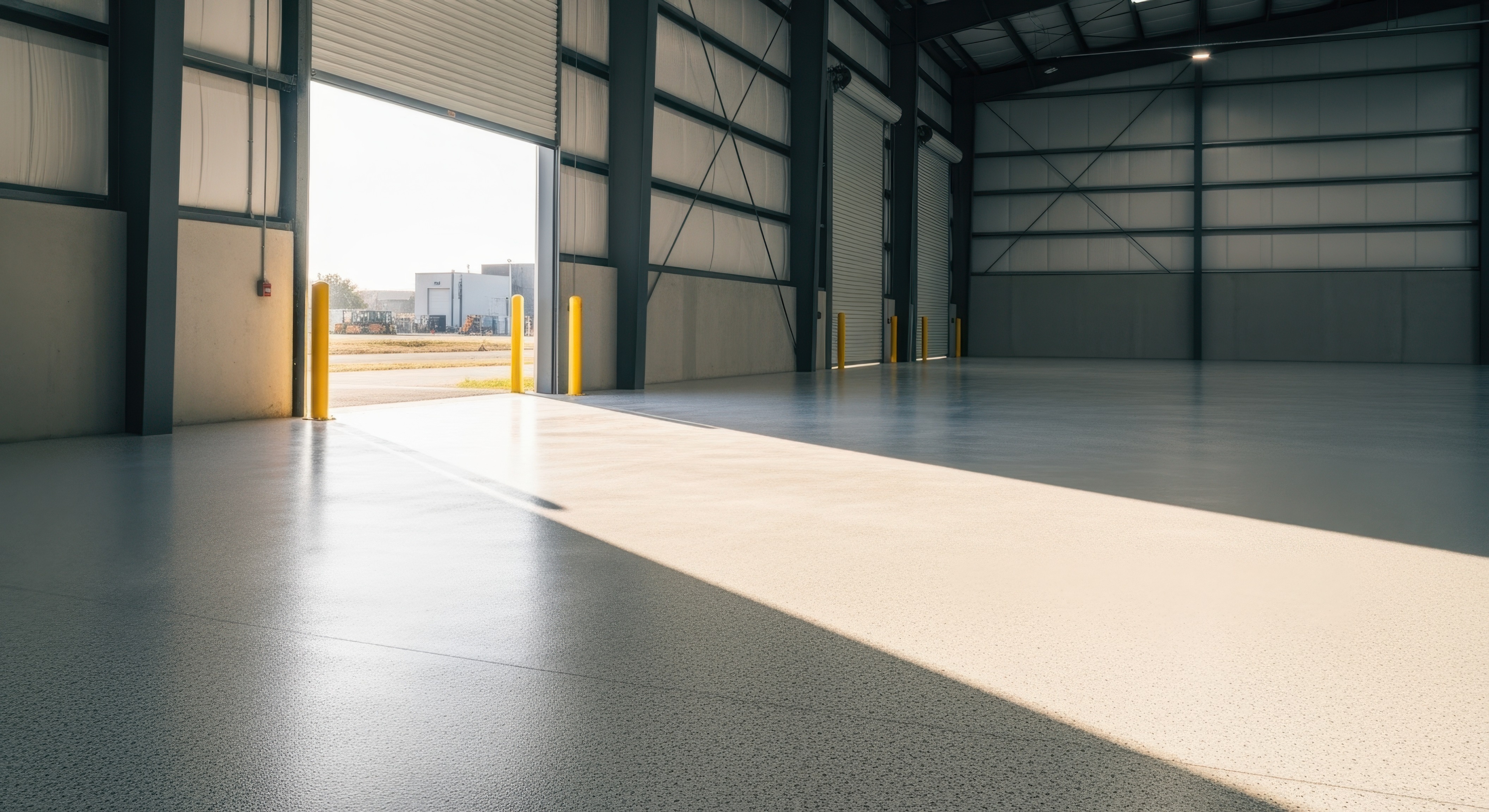image of a door open in an industrial setting to show epoxy flooring