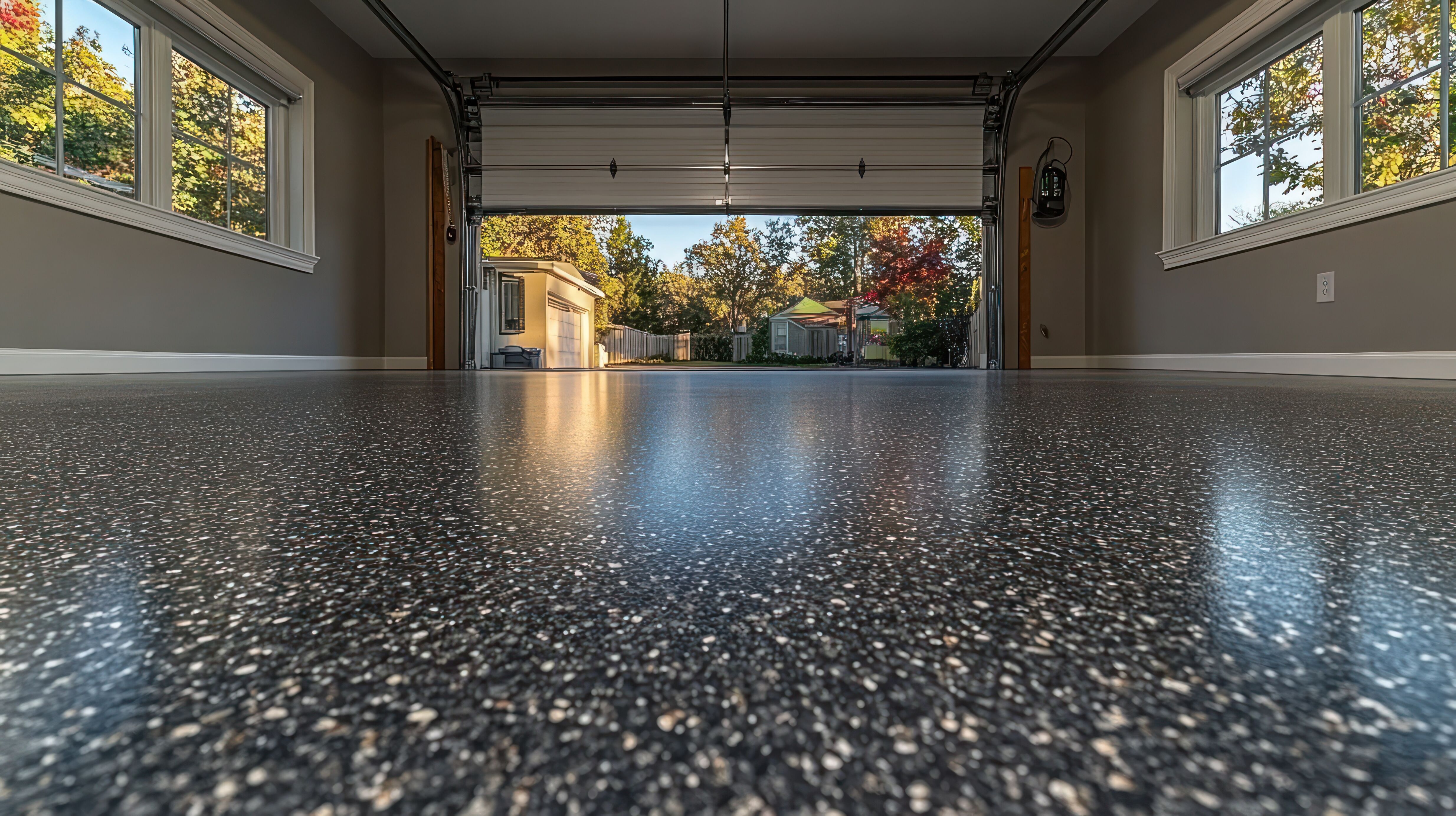image of a garage floor finished with speck epoxy
