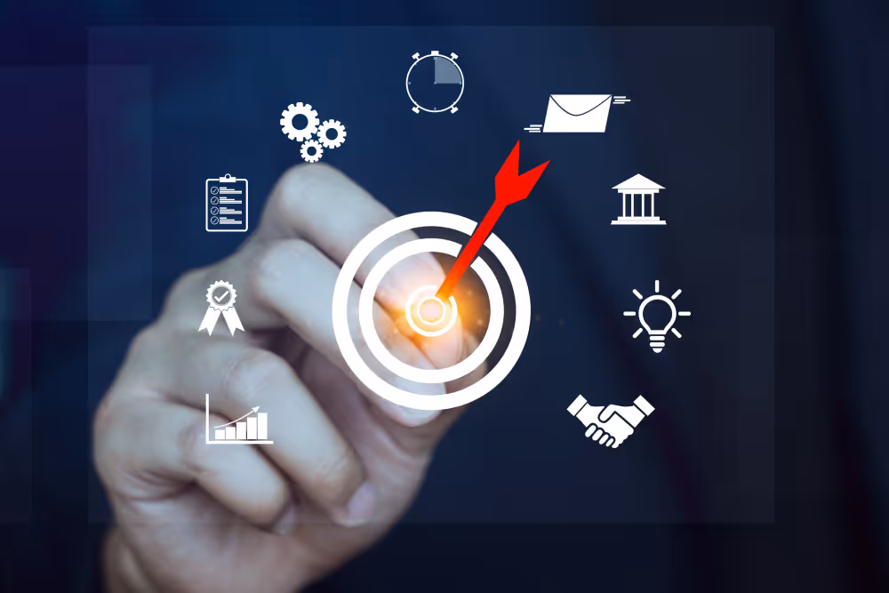 Mano apuntando a un objetivo con pilares de fluyo