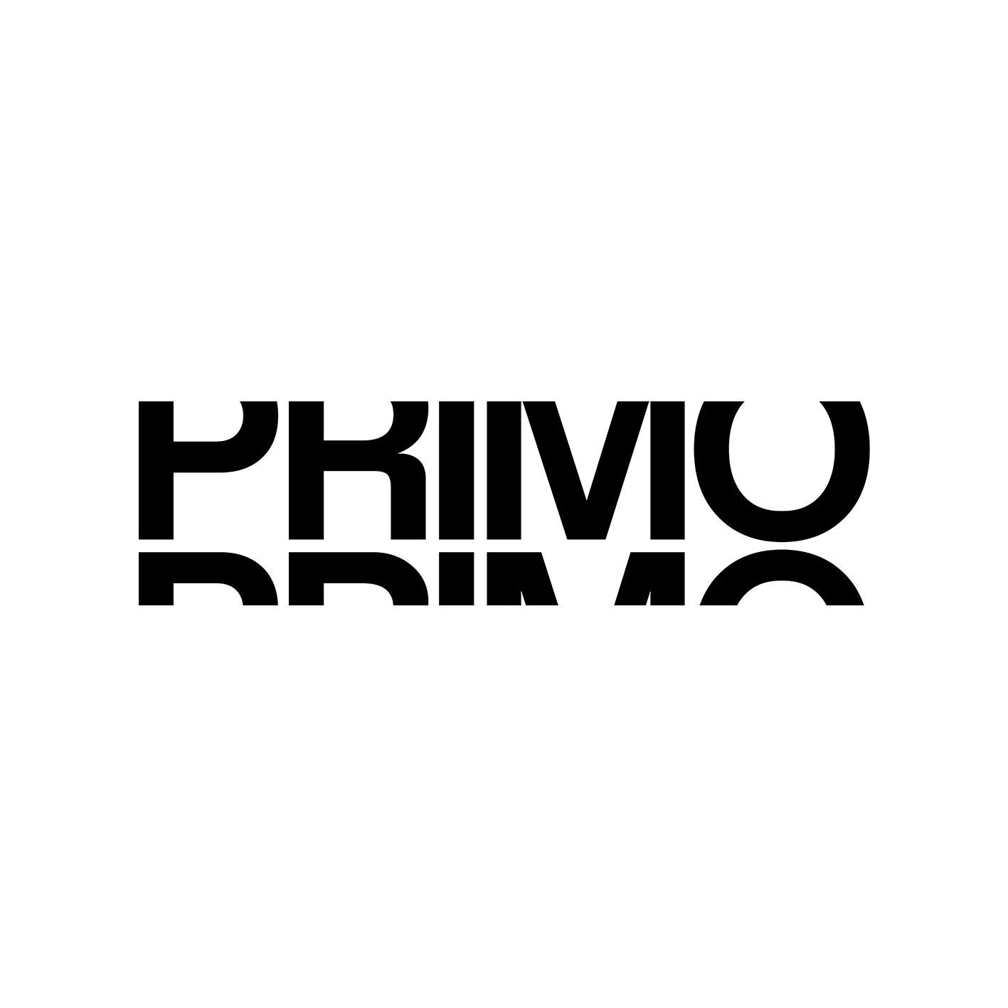 Bold black text spelling 'PRIMO' with a mirrored reflection effect below on a white background.