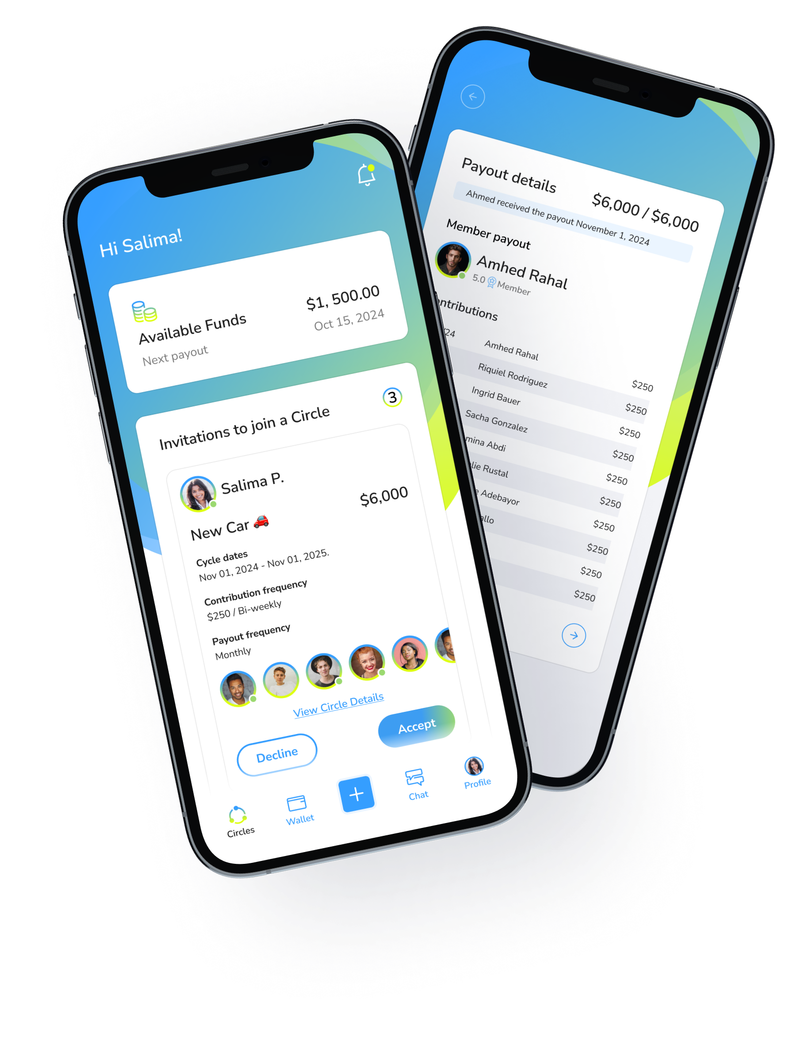 Deux téléphones affichant une application de gestion financière avec les fonds disponibles, les invitations à rejoindre un cercle d'épargne, et les détails de paiement des membres.