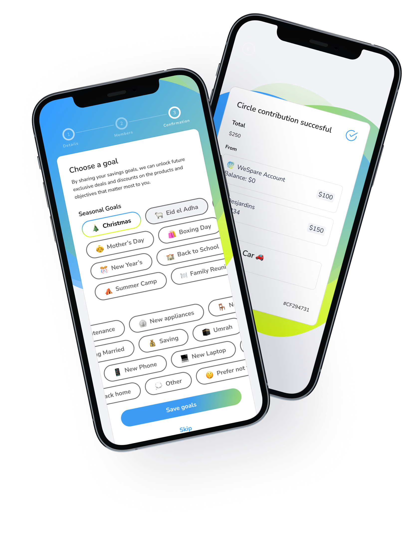 Deux téléphones affichant une application d'épargne; un écran montre la sélection d'objectifs saisonniers comme Noël et la fête des Mères, l'autre confirme une contribution de cercle de 250 $ répartie entre deux comptes.