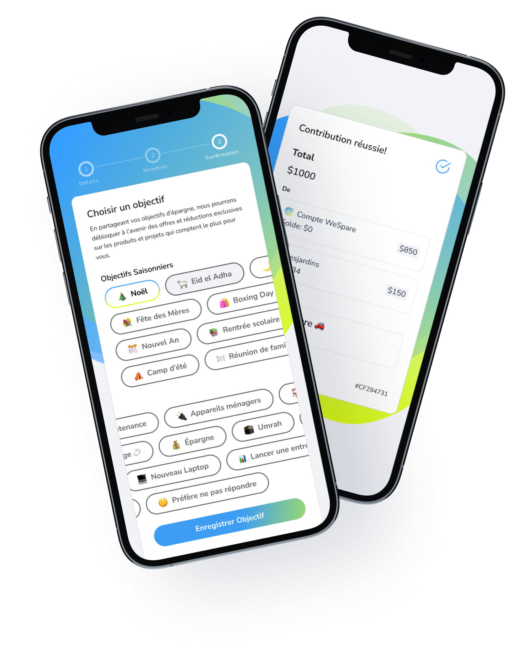 Deux téléphones affichant une application de gestion d'épargne en français, dont un écran pour choisir un objectif d'épargne saisonnier et un écran confirmant une contribution de 1000 $.