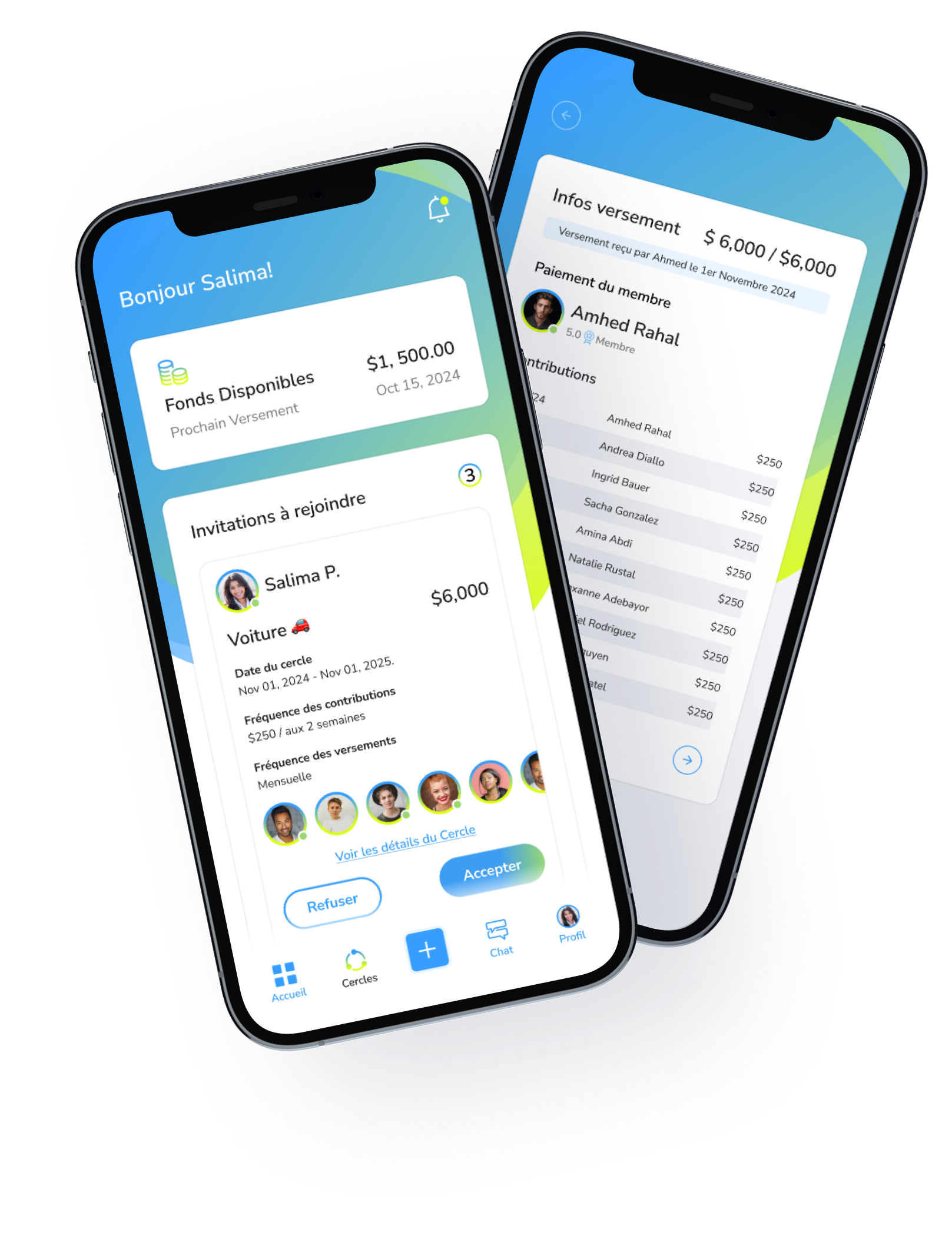 Deux téléphones affichant une application financière en français avec un solde disponible de 1 500 $ et une invitation à rejoindre un cercle d’épargne de 6 000 $ pour une voiture, ainsi que les détails d’un versement complet de 6 000 $ effectué par Amhed Rahal.