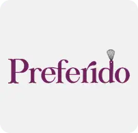 Palavra 'Preferido' estilizada em roxo com um pincel de maquiagem cinza na parte superior da letra 'o'.
