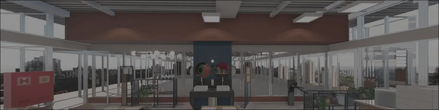Vista interna de um escritório moderno com grandes janelas de vidro, paredes em tons terrosos, luminárias pendentes e móveis em estilo contemporâneo.