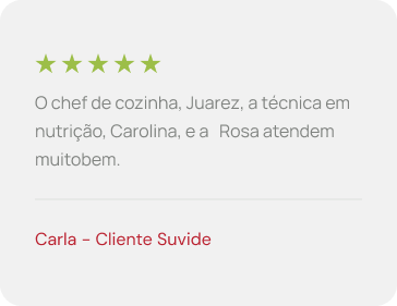 Avaliação de cinco estrelas acima do texto em português elogiando o chef Juarez, a técnica em nutrição Carolina e a Rosa, com assinatura de Carla, cliente Suvide.