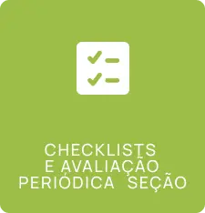 Ícone branco de uma lista de verificação com marcas de seleção em fundo verde, com texto em português que diz checklists e avaliação periódica seção.
