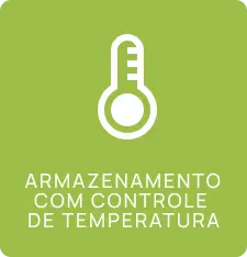 Ícone de termômetro branco em fundo verde com texto em português que diz armazenamento com controle de temperatura.