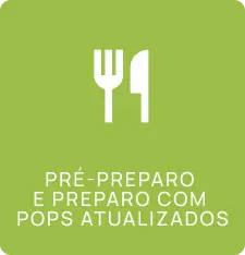 Ícones brancos de garfo e faca sobre fundo verde com texto em português: 'PRÉ-PREPARO E PREPARO COM POPS ATUALIZADOS'.