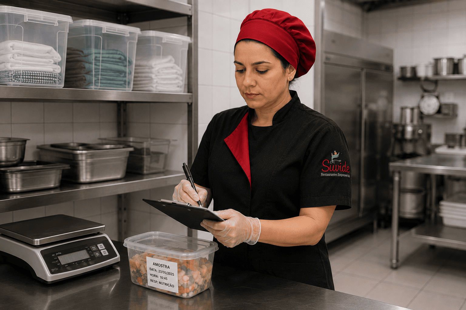 Mulher vestindo uniforme preto e touca vermelha escreve em um clipboard em cozinha industrial, com recipiente de amostra rotulada e balança digital na bancada de aço inox.