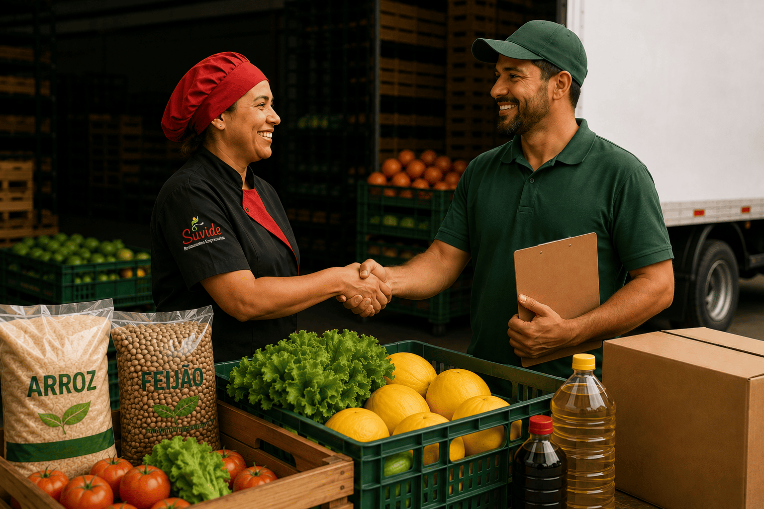 Uma mulher com uniforme de chef e um homem com boné verde apertam as mãos diante de caixas de tomates, alface, melões, arroz e feijão embalados, em um ambiente de armazenamento de alimentos.