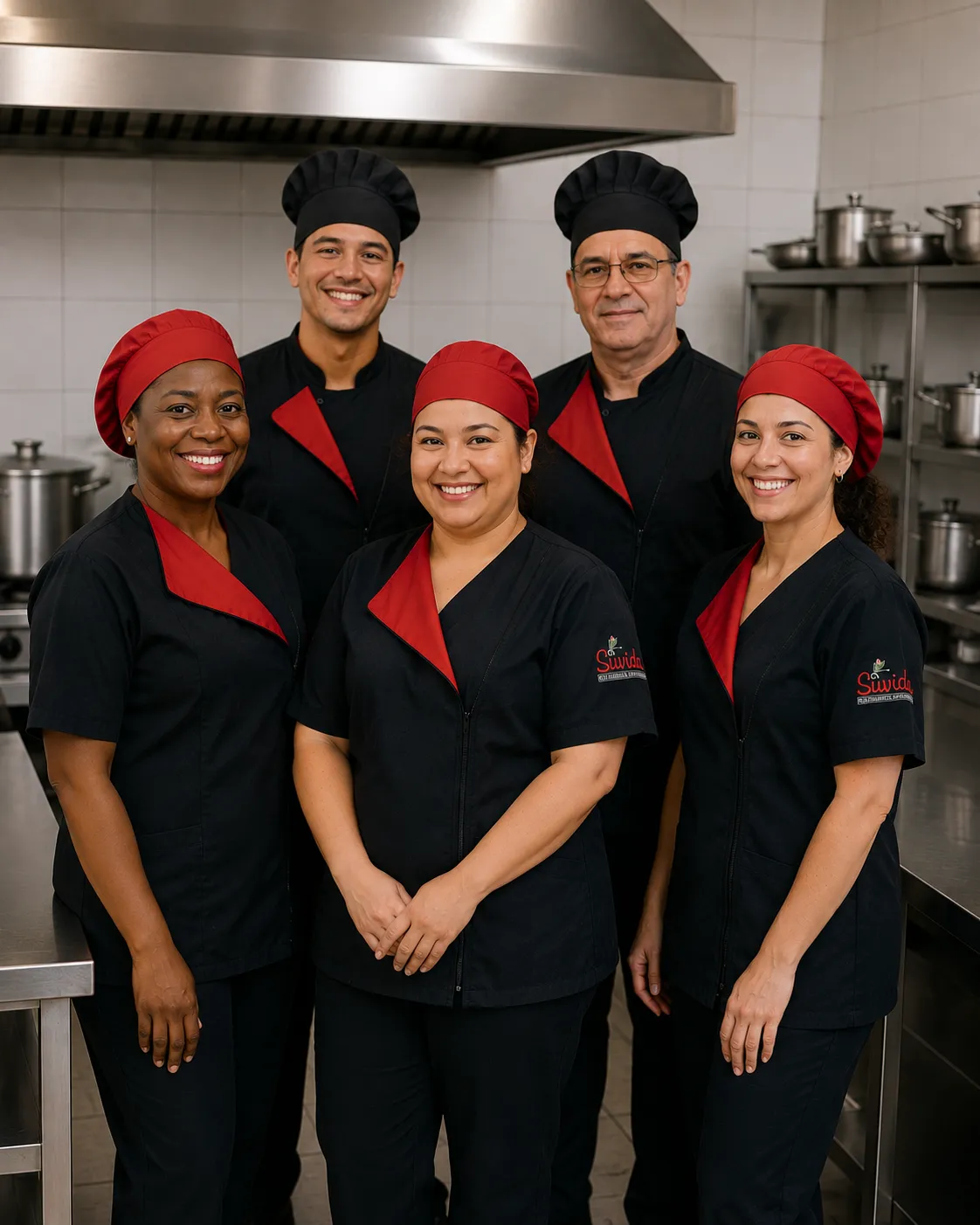 Equipe de cinco chefs na cozinha, com uniformes pretos e detalhes vermelhos, sorrindo para a câmera em um ambiente profissional.