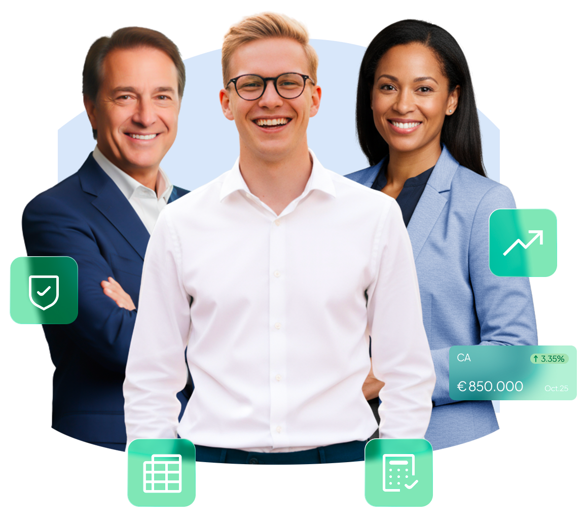 Trois chefs d'entreprises souriants, avec des icônes financières superposées incluant un bouclier, un graphique de croissance, une calculatrice et une grille de données.