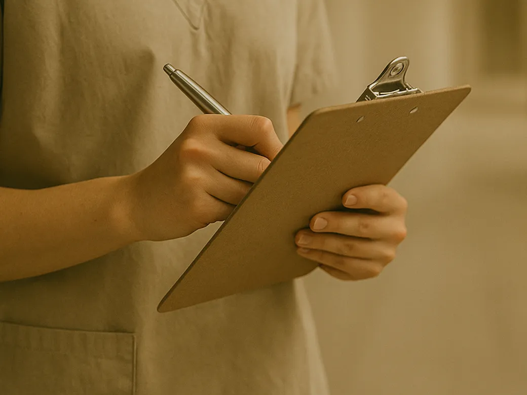 Person holding a clipboard and writing with a pen while wearing a beige shirt.
