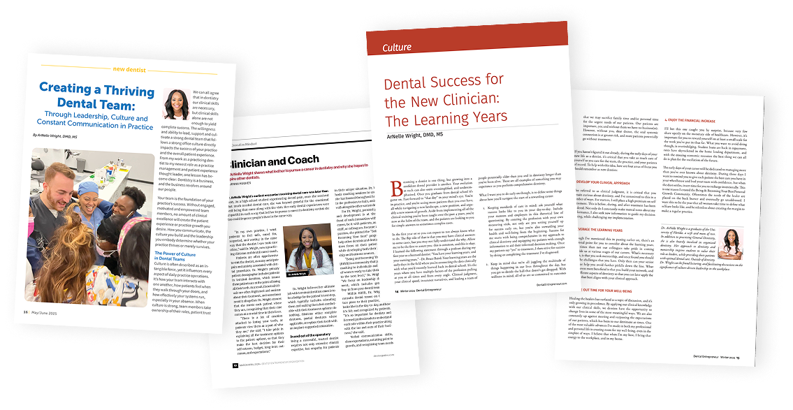 Four-page magazine spread focusing on dental success, leadership, and culture with photos of dental professionals and article text.