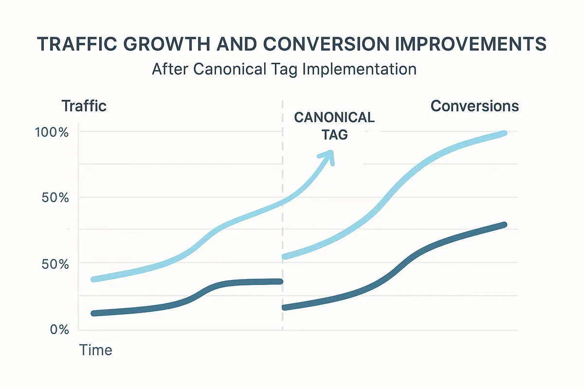 Statistical chart displaying traffic growth and conversion improvements after canonical tag implementation