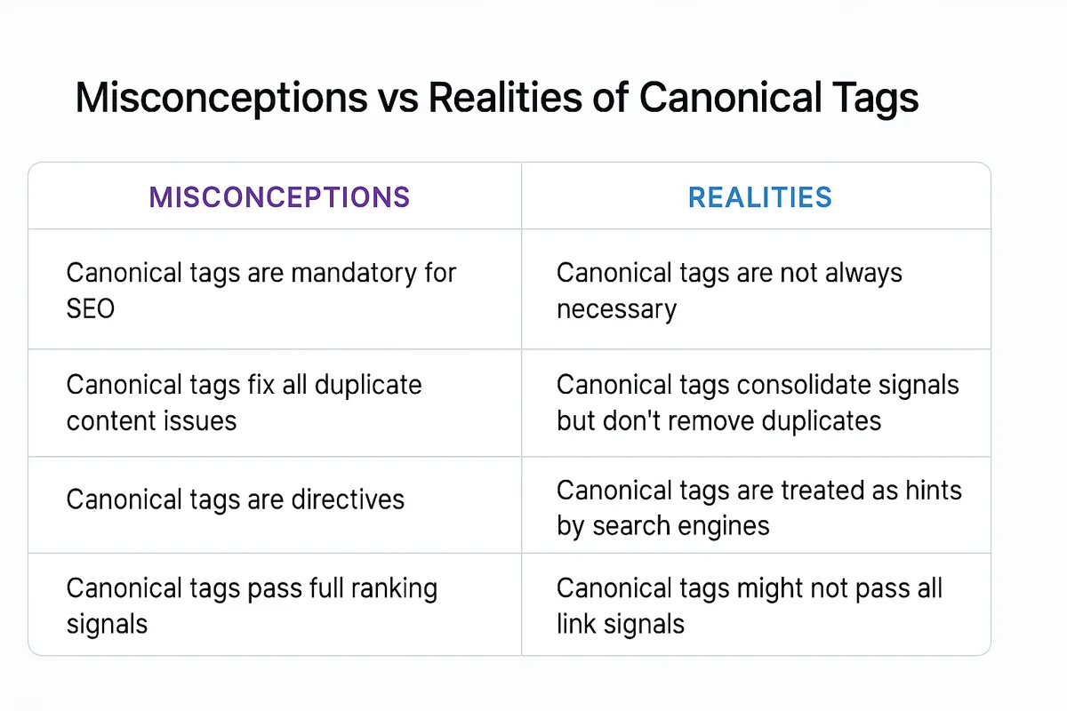 Comparison table visualization showing misconceptions vs realities of canonical tags