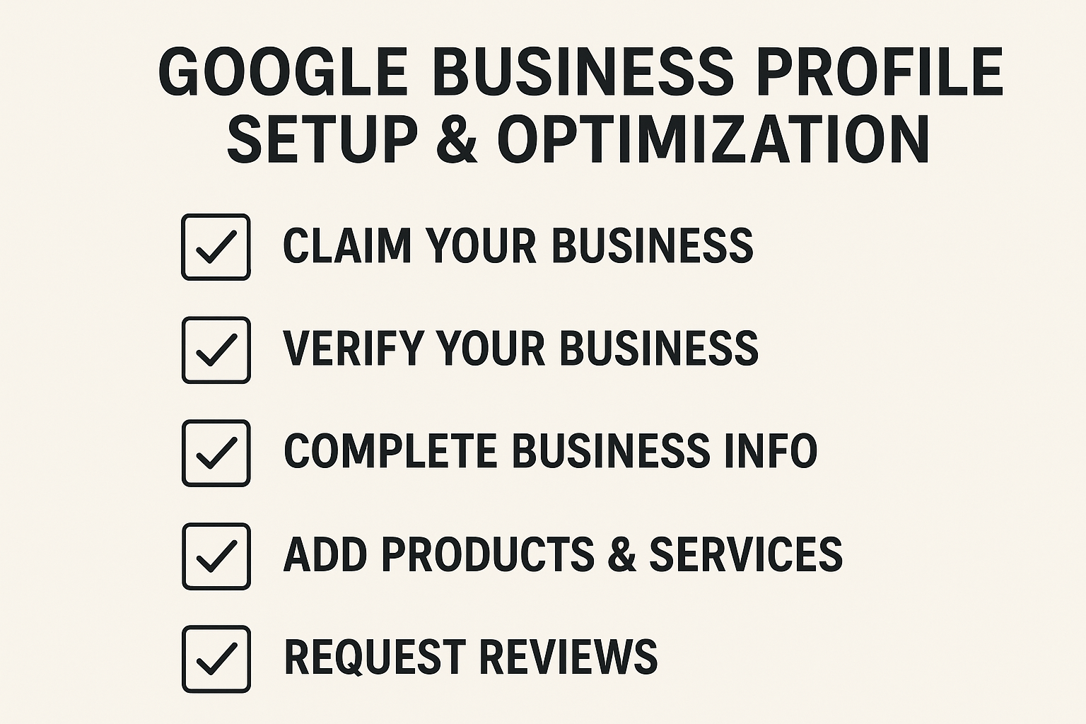 Visual checklist with checkboxes for Google Business Profile setup and optimization steps