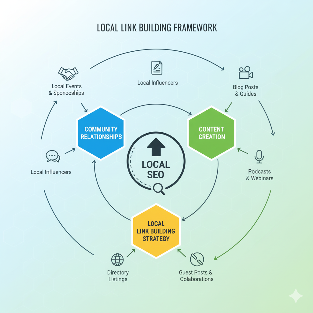 Framework diagram illustrating local link building with community relationships and content creation