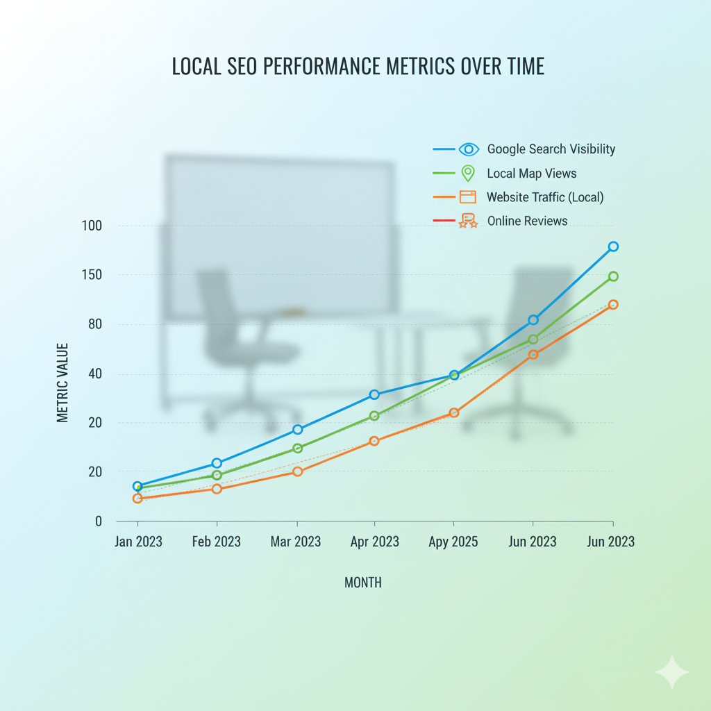 Statistical chart displaying key local SEO metrics over time with trend lines