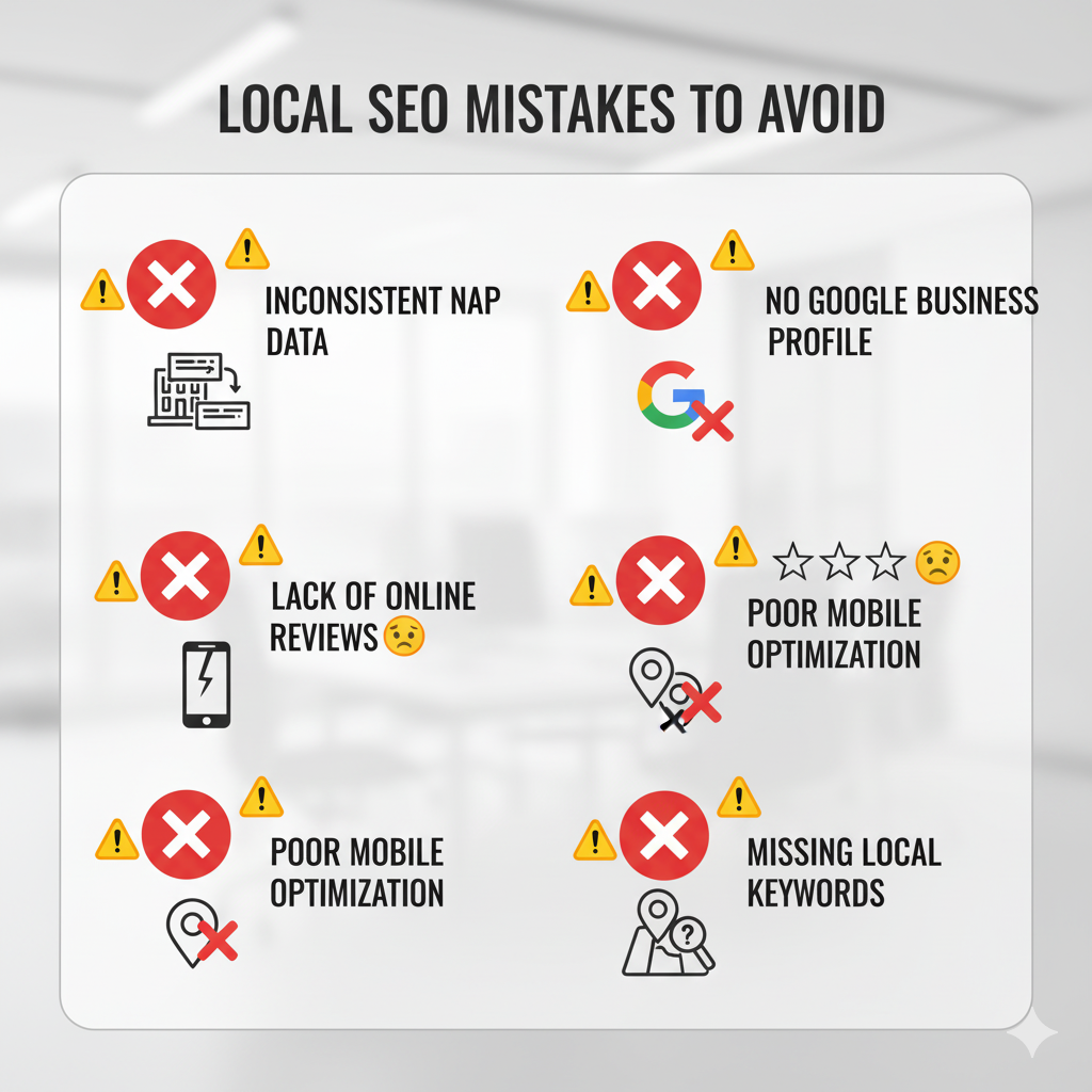 Visual checklist highlighting common local SEO mistakes to avoid with icons and warnings