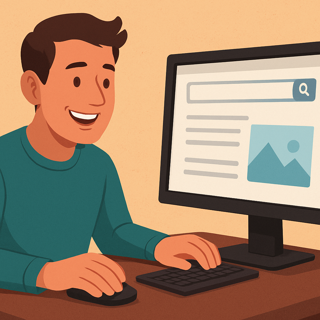A illustration of a man who is happy ater he found what he was looking for on a website. This is an example of good user experience