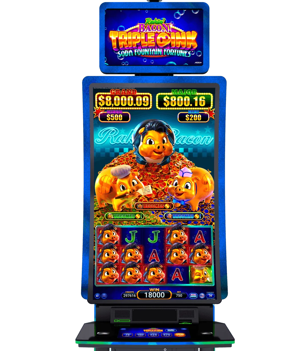 Colorful bacon-themed slot machine with cartoon characters and jackpot display
