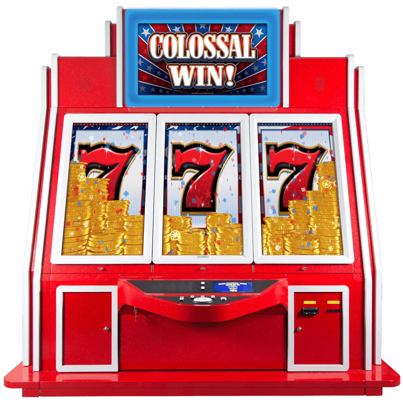 Red slot machine with three sevens and stacks of golden coins