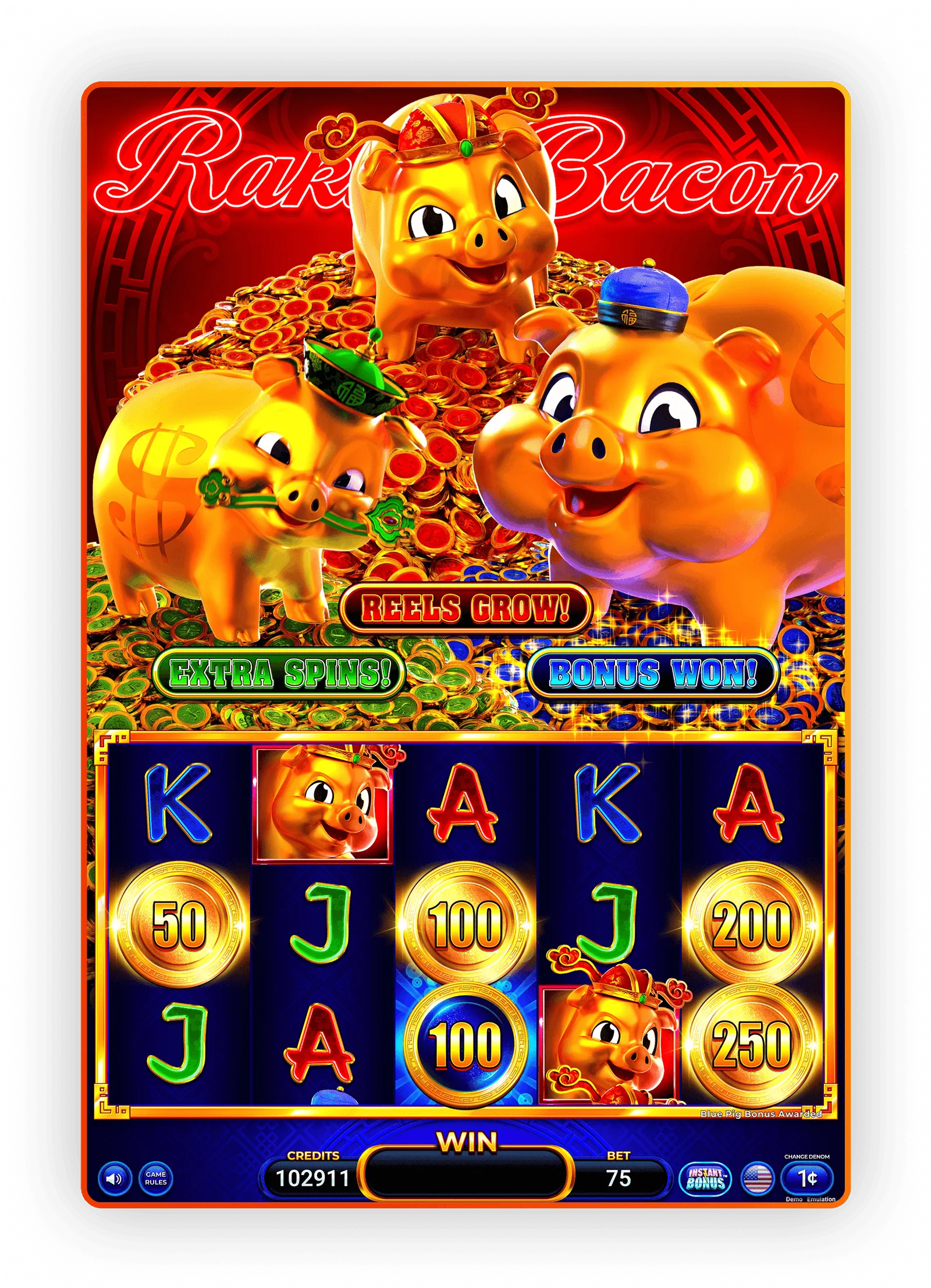 Golden pig characters on slot machine with coins and bonus features
