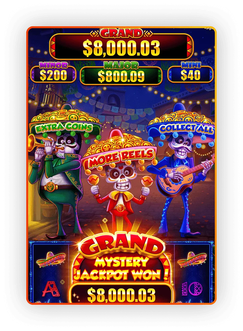 Day of the Dead-themed slot machine with skeleton musicians and jackpot